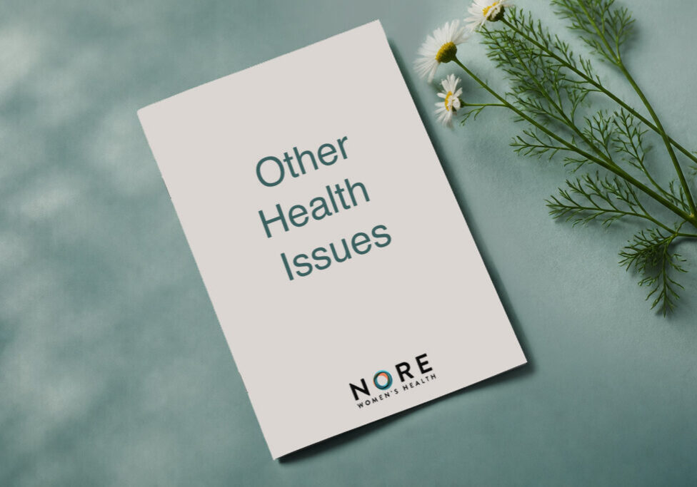 Illustration representing health conditions affecting women during midlife, featuring a booklet cover with floral accents and Nore Women's Health branding.
