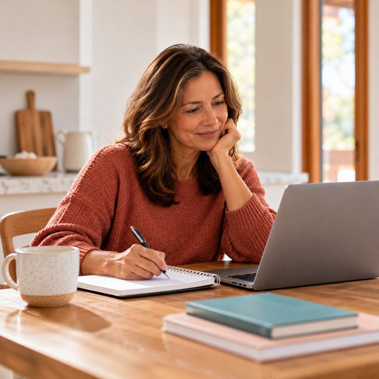 Woman taking notes while reviewing patient education materials on her laptop