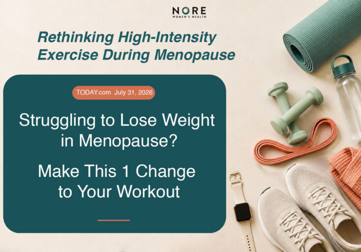Nore Women’s Health “What We’re Reading” graphic with workout gear highlighting a TODAY.com article about rethinking high-intensity exercise and weight management during menopause.